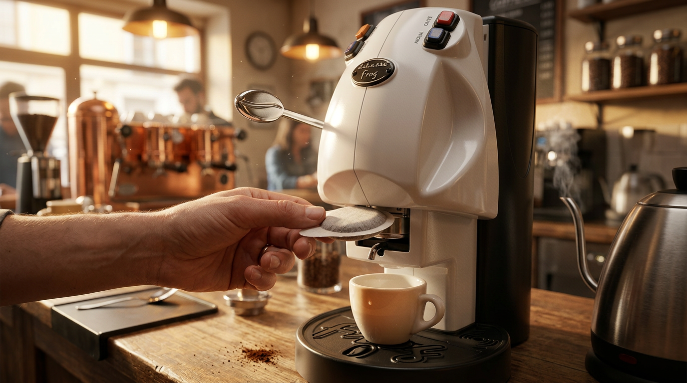 Barista inserting an ESE pod into a compact white espresso machine in a warm café setting
