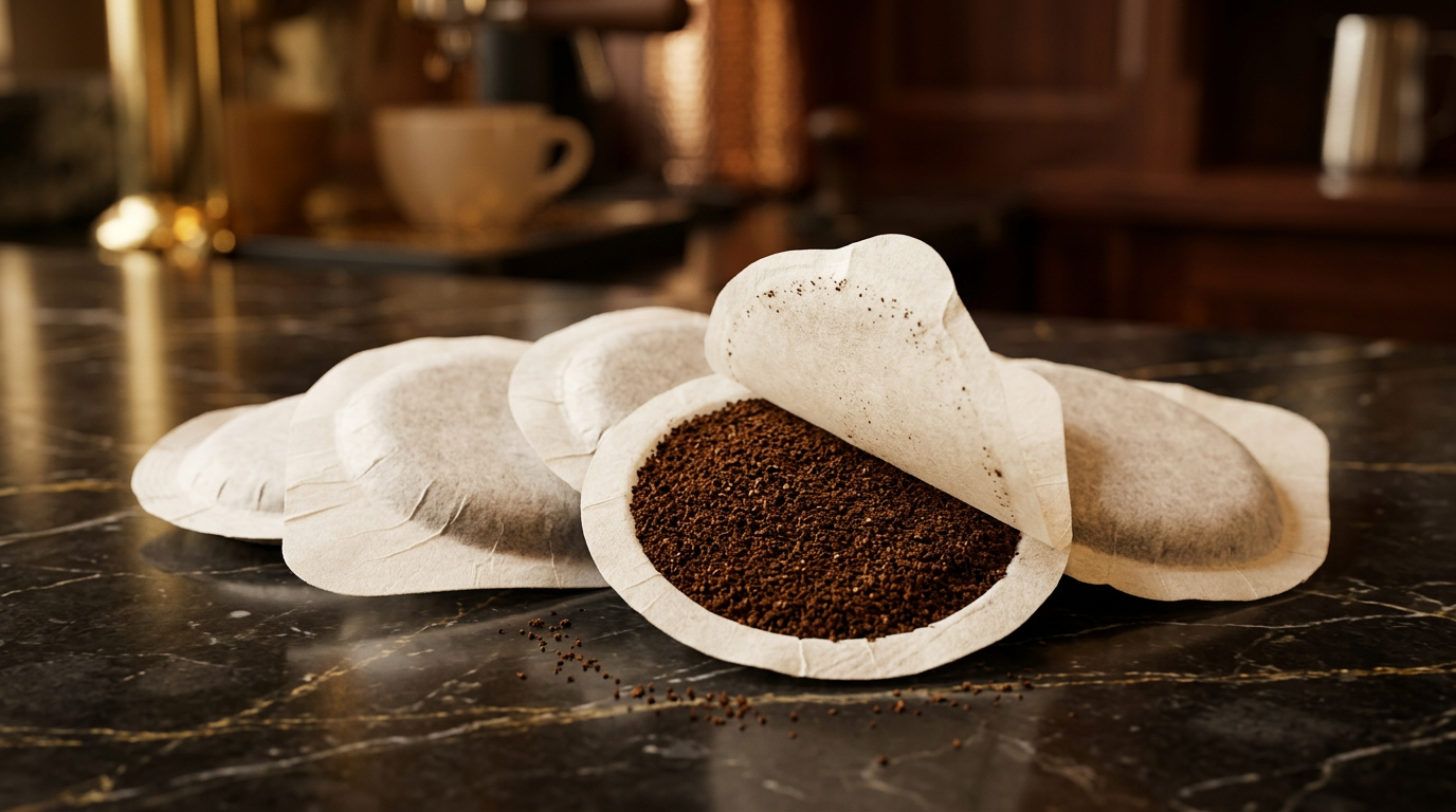 Macro view of Italian ESE espresso pods on dark marble with one pod opened showing fresh ground coffee