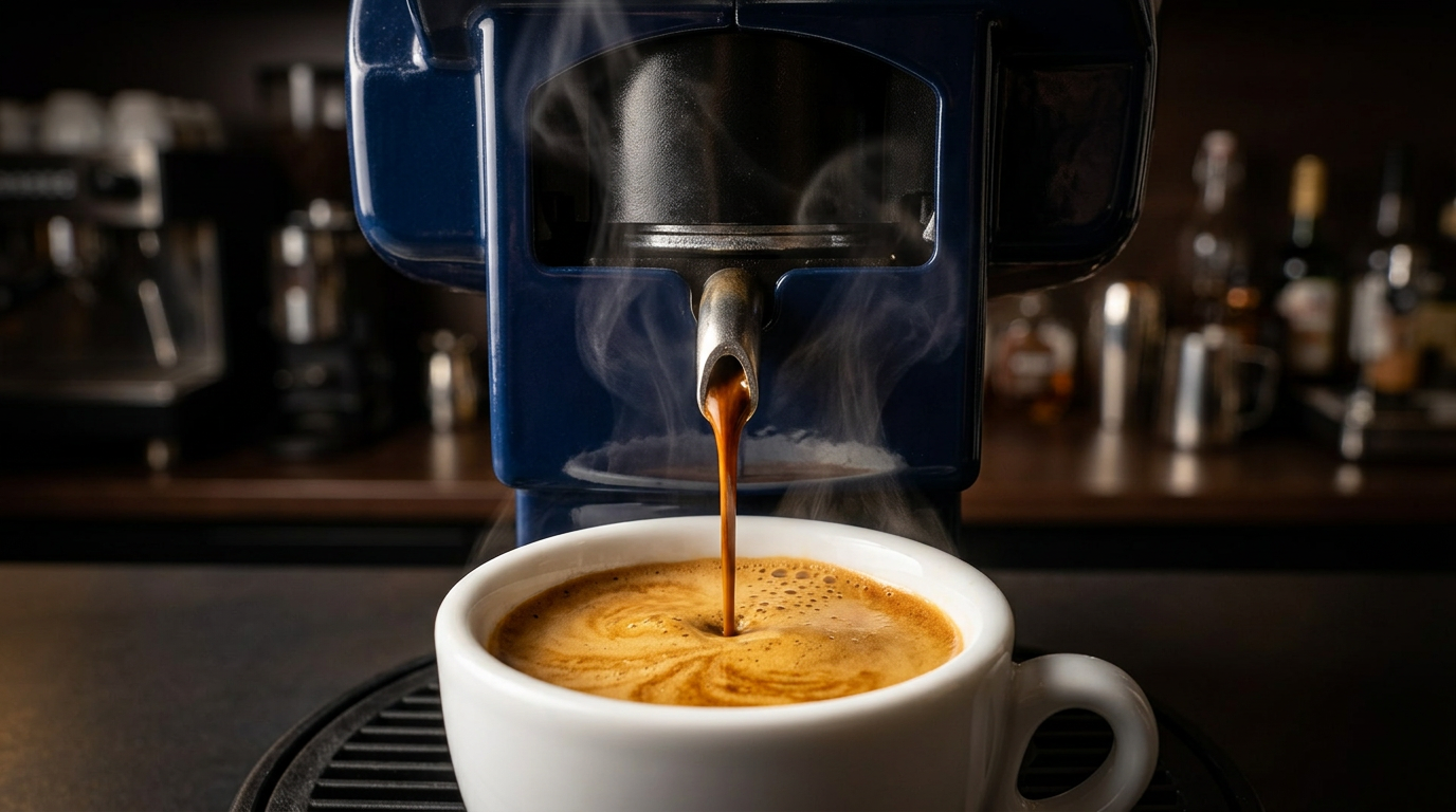 Dramatic close-up of espresso extraction with rich golden crema pouring into a white cup