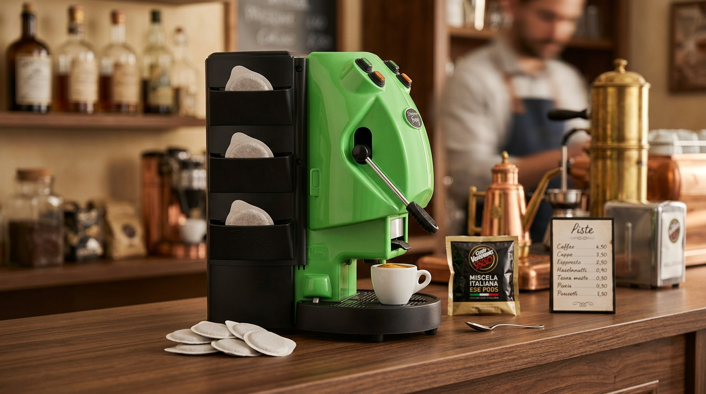 Green Italian espresso machine with built-in pod storage, ESE pods, and freshly pulled espresso in an authentic cafe setting